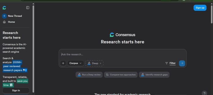Consensus AI academic search engine interface