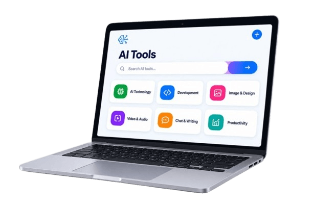 Laptop displaying the AI Tools search interface with category icons for AI Technology, Development, Image and Design, Video and Audio, Chat and Writing, and Productivity