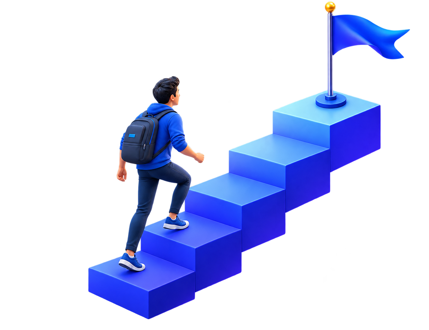 Student climbing steps toward a flag, representing a technology career path